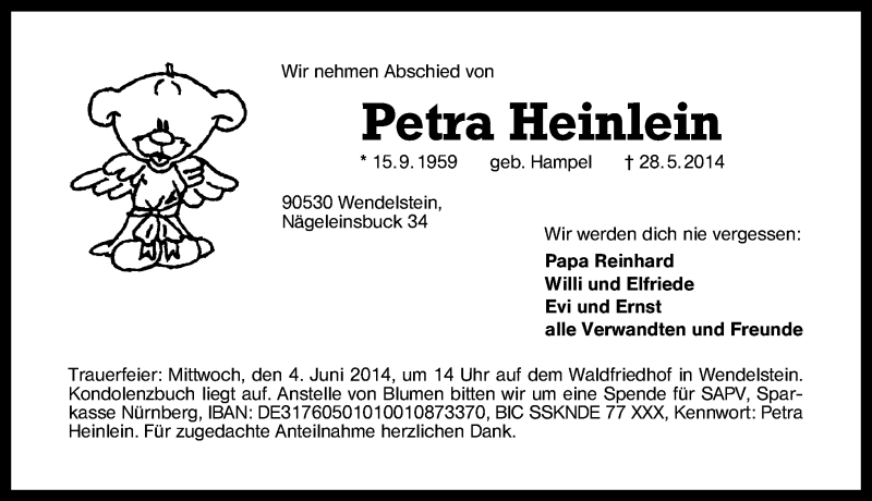  Traueranzeige für Petra Heinlein vom 31.05.2014 aus Schwabach